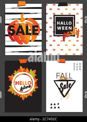 Un ensemble de motifs pour l'automne et Halloween cartes postales. Prospectus et bannières de concept avec feuilles et citrouilles d'automne. Arrière-plans abstraits. Illustration de Vecteur
