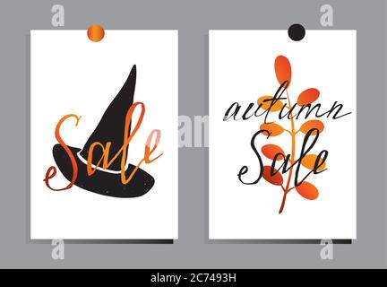Un ensemble de motifs pour l'automne et Halloween cartes postales. Prospectus et bannières de concept avec feuilles et citrouilles d'automne. Arrière-plans abstraits. Illustration de Vecteur