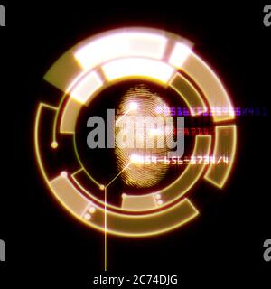 Système d'identification numérique par lecture d'empreintes digitales, illustration abstraite Banque D'Images