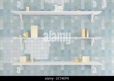 Trois étagères blanches sur le mur avec carreaux bleus. Objets géométriques dorés abstraits pour la présentation du produit. Idéal pour les produits cosmétiques. arrière-plan abstrait rendu 3d. Banque D'Images