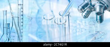 Scène en laboratoire avec microscope, pipette, tube à essai, seringue, ADN et formule Banque D'Images