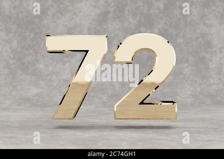 Gold 3d numéro 72. Nombre d'or brillant sur fond béton. Chiffres métalliques avec réflexions de lumière studio. rendu 3d. Banque D'Images