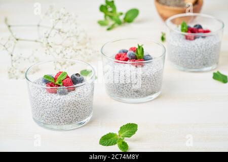 Bannière avec le gâteau de Chia dans un bol avec des framboises fraîches et des myrtilles. Banque D'Images