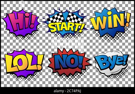 Bulles de parole de bande dessinée avec différentes émotions et texte Salut, Start, Win, LOL, No, Bye. Illustrations vectorielles dynamiques lumineuses dans un art pop rétro Illustration de Vecteur