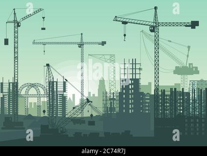 Grues à tour sur le chantier. Bâtiments en construction Illustration de Vecteur
