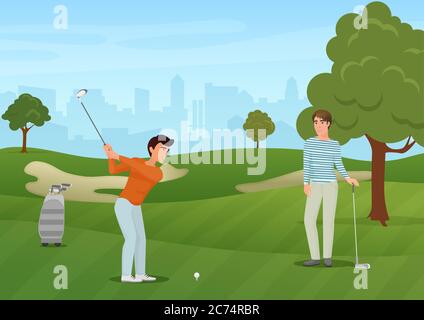 Groupe golfeurs amis personnages sur fond vert. Illustration vectorielle Illustration de Vecteur