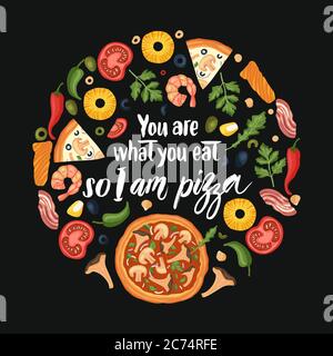 Illustration d'une affiche de pizza savoureuse tirée à la main. Restaurant isolé et amoureux de la pizza vecteur art carte avec une citation. Vous êtes ce que vous mangez donc je suis pizza. Illustration de Vecteur