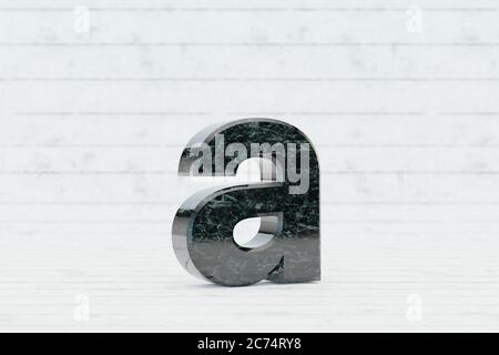 Marbre 3d lettre A minuscule. Lettre en marbre vert foncé sur fond de bois blanc. caractère de police de rendu 3d. Banque D'Images