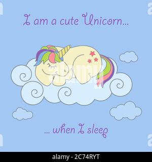 Magic Cute unicorn, affiche des étoiles sur les nuages, carte de vœux, illustration vectorielle Illustration de Vecteur