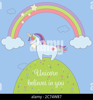 Carte de vœux à motif licorne et arc-en-ciel avec étoiles et nuages. Affiche d'illustration magique unicorn Vector Illustration de Vecteur