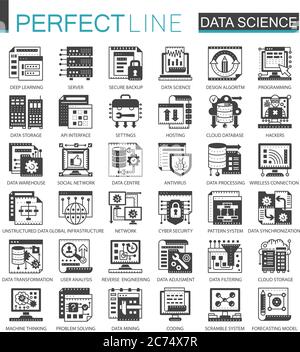 Mini symboles classiques noirs de la technologie des sciences de données. Processus d'apprentissage machine icône moderne pictogramme illustrations vectorielles jeu Illustration de Vecteur