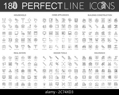 180 icônes modernes de ligne mince ensemble de ménage, appareils ménagers, construction de bâtiments, immobilier, outils de conception, assurance isolé. Illustration de Vecteur