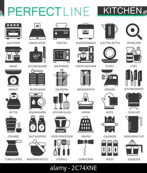 Symboles classiques de cuisine et de cuisine noir mini. Jeu d'illustrations de pictogrammes d'icône Vector Modern Illustration de Vecteur