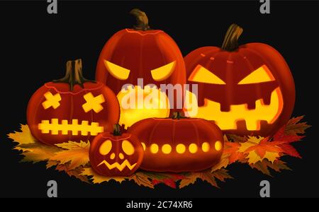 Illustration vectorielle de lanternes de citrouille orange pour Halloween avec visages sculptés placés sur les feuilles d'automne Illustration de Vecteur