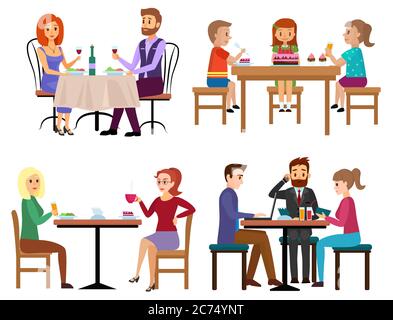 Manger des gens ensemble. Couple amis famille enfants et homme d'affaires assis dans le café restaurant ou bar isolé. Illustration vectorielle de dessin animé Illustration de Vecteur