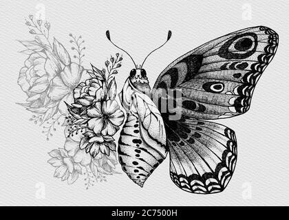 Motif papillons tatouage avec fleurs. Naissance du papillon. Banque D'Images