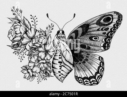 Motif papillons tatouage avec fleurs. Naissance du papillon. Banque D'Images