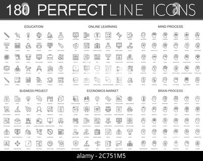 180 icônes modernes de ligne mince ensemble de l'éducation, l'apprentissage en ligne, le processus mental, projet d'affaires, marché économique, processus cérébral isolé Illustration de Vecteur