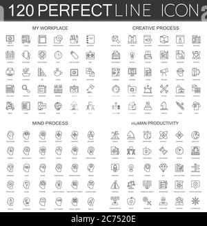 120 icônes modernes de ligne mince ensemble de mon lieu de travail, processus créatif, processus mental, productivité humaine isolé. Illustration de Vecteur