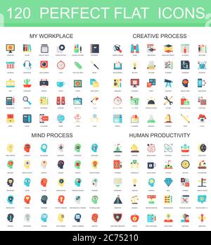 120 icônes plates modernes ensemble d'icônes de poste de travail, processus créatif, processus mental, productivité humaine Illustration de Vecteur