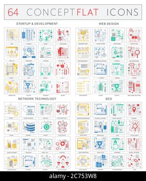 Infographiques concept icônes de développement de démarrage, conception de Web, technologie de réseau, optimisation de seo. Conception plate monochrome de qualité supérieure Vector isolée. Illustration de Vecteur