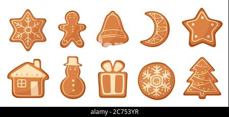 Ensemble de biscuits de noël à pain d'épice vector de dessin animé isolé. Illustration de Vecteur