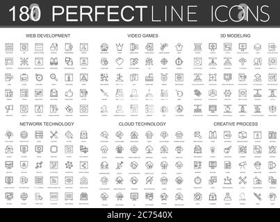 180 icônes modernes de ligne mince ensemble de développement web, jeux vidéo, modélisation 3d, technologie de réseau, technologie de données de cloud, processus créatif isolé Illustration de Vecteur