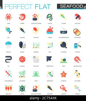 Ensemble vectoriel d'icônes de fruits de mer plates isolées. Illustration de Vecteur