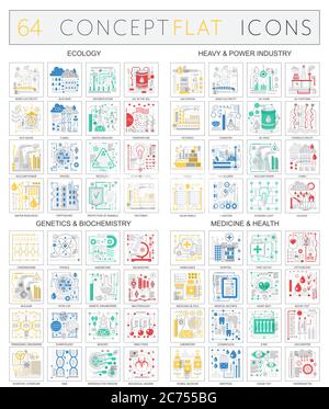 Infographiques concept icônes de l'écologie, la technologie de puissance lourde, la biochimie génétique, médecine santé icônes. Conception plate monochrome de qualité supérieure Vector isolée. Illustration de Vecteur