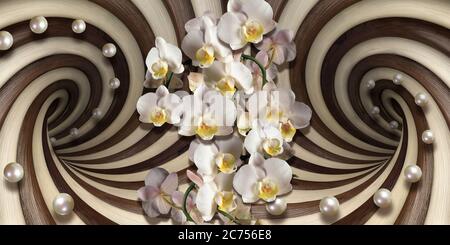 papier peint 3d, orchidées blanches et perles sur fond d'illusions optiques Banque D'Images