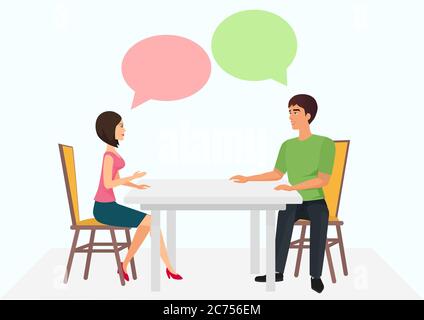 Femme et homme sont assis à la table et ont la conversation. Discussions en dialogue. Illustration de Vecteur