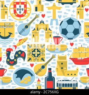 Motif Portugal brillant sans coutures avec icônes dans un style plat. Symboles traditionnels de la culture, de la cuisine et des attractions nationales. Backgro vectoriel répétable Illustration de Vecteur
