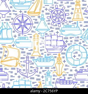 Motif sans coutures en bord de mer avec symboles bateau et nautique. Arrière-plan de répétition de voyages en mer. Illustration vectorielle. Illustration de Vecteur