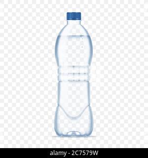 Bouteille en plastique avec de l'eau minérale avec capuchon bleu sur fond transparent. Bouteille d'illustration vectorielle maquette réaliste. Illustration de Vecteur