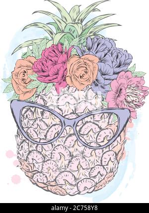 Ananas drôle dans une couronne de fleurs et de verres. Vecteur. Illustration de Vecteur
