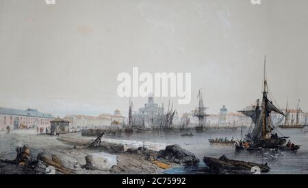 Vue sur le port d'Helsinki en 1839. Le port était très fréquenté en face de la place du marché. Une gravure de couleur des années 1830. Helsinki, Finla Banque D'Images