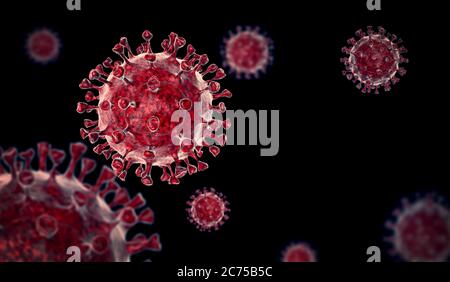 Coronavirus COVID-19 microscopique virus corona virus maladie 3d illustration. Rendu 3D du virus sur fond noir. Banque D'Images