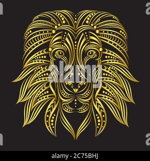 Lion peint dans le style ethnique . Style indien / africain . Croquis de tatouage ou imprimé sur un T-shirt , une couverture , une affiche , une carte postale ou des vêtements . Illustration de Vecteur