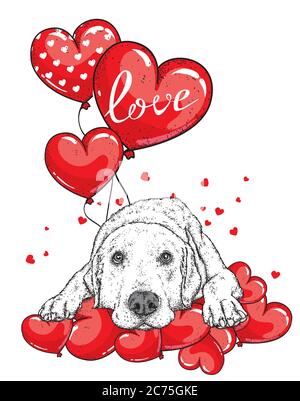 Chien mignon avec coeurs, verres et une cravate. Illustration vectorielle pour une carte postale ou une affiche, impression pour vêtements. Saint-Valentin, amour et amitié. Pur Illustration de Vecteur