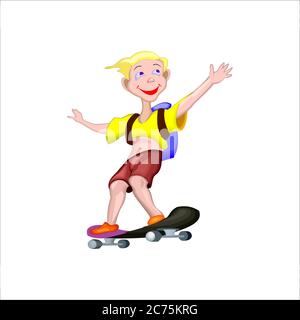 Illustration vectorielle d'un étudiant heureux aller à l'école avec un skateboard sur fond isolé Illustration de Vecteur