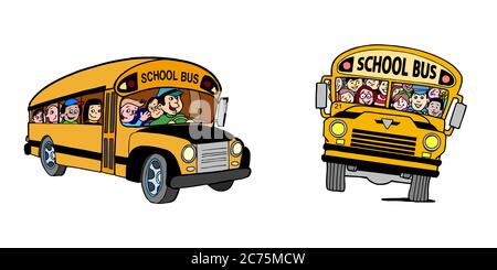 Deux autobus scolaire avec illustration pour enfants. Bus jaune scolaire sur fond blanc. Isolé. Illustration de bus scolaire vectoriel Illustration de Vecteur