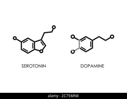 Dopamine et sérotonine structure moléculaire. Neurotransmetteur molécule. Formule chimique du squelette. Hormone du bonheur et de la joie. Illustration de la ligne vectorielle Illustration de Vecteur