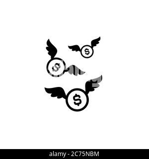 Pièces de monnaie en dollars noirs avec ailes blanches. Fond blanc plat. Voler de l'argent. Pictogramme économie, finances, argent. Symbole de richesse. Illustration vectorielle. Gratuit, Illustration de Vecteur