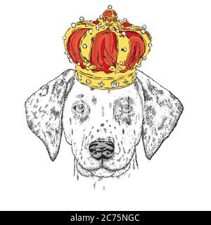 Chien mignon portant une couronne . Illustration vectorielle. Élément de conception pour les produits imprimés ou les imprimés sur les vêtements et accessoires . Illustration de Vecteur