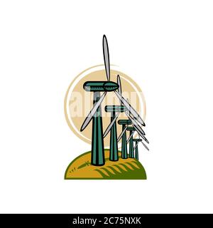 Éoliennes sur une colline ronde avec illustration de couleur isolée sur fond blanc Illustration de Vecteur