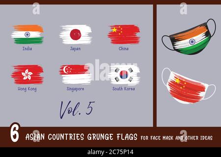 6 pays asiatiques grunge des drapeaux pour le masque facial et d'autres idées. Illustration de Vecteur