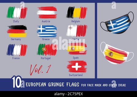 10 drapeaux de grunge européens pour masque facial et autres idées. Illustration de Vecteur