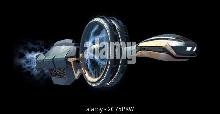 Vaisseau spatial militaire interstellaire 3D avec roues de propulsion magnétiques pour les voyages futuristes dans l'espace ou les arrière-plans de science-fiction, avec l'écrêtage Banque D'Images