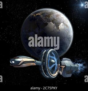 Illustration 3D d'un vaisseau spatial militaire quittant la Terre avec des roues de propulsion magnétiques, pour des jeux de guerre futuristes, des voyages interstellaires dans l'espace ou de science-fiction Banque D'Images