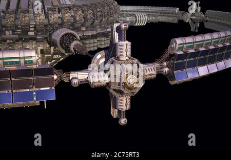 Vaisseau spatial intergalactique 3D détaillé avec une roue de gravitation pour les jeux vidéo et les arrière-plans de science-fiction, avec le chemin de coupure inclus dans le i Banque D'Images
